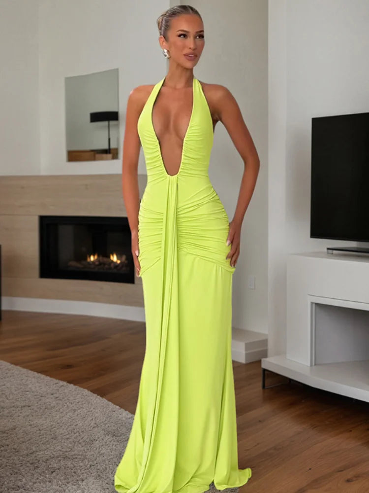Sexy Deep V-neck Backless Halter Maxi Dresses Women's Sleeveless High Waist Bodycon Pleated Robe 2025 New Evening Party Gown