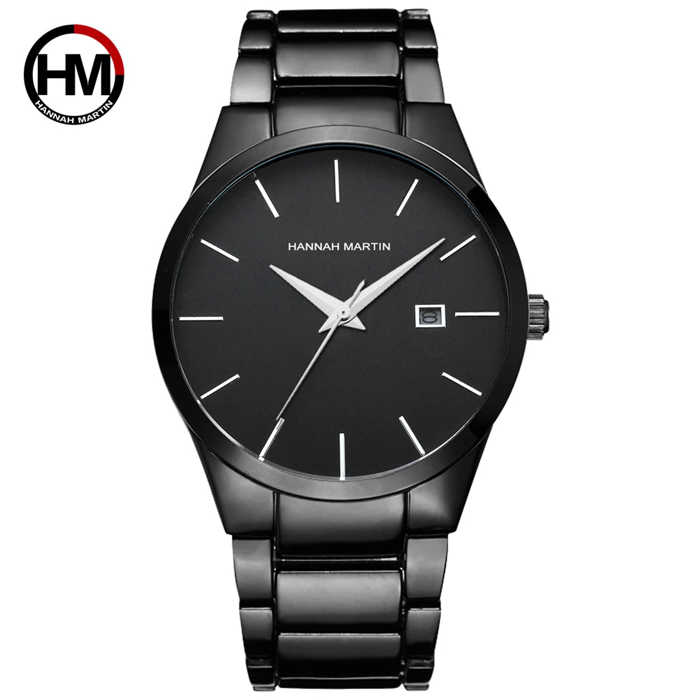 HANNAH MARTIN Men Watch 40mm Stainless Steel Quartz Fashion Business Full Black 3Bar Waterproof Sports Calendar Wristwatch reloj