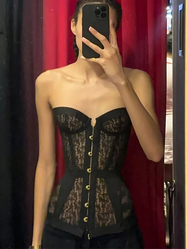 Sexy Lace Hollow Out Vest Women Bandage Slim Waist  Strapless See Through Party tank Top Summer Lady Chic Street Vests