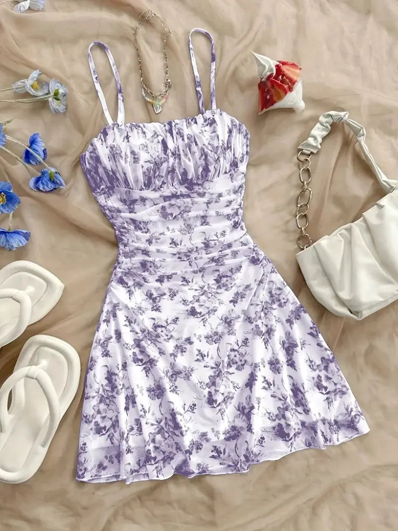 Summer Womens Fashionable Printed Sexy Pleated Dress 2025 Elegant Women's Vacation Style Backless Suspender Beach Mini Vestidos