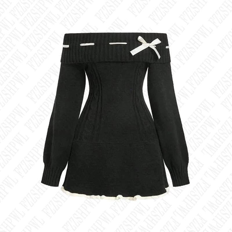 Y2K Harajuku Aesthetics Women Casual Knitted Pullover Sexy Slim Chic Bow Design One-shoulder Neck Sweater Goth Punk Rock Clothes