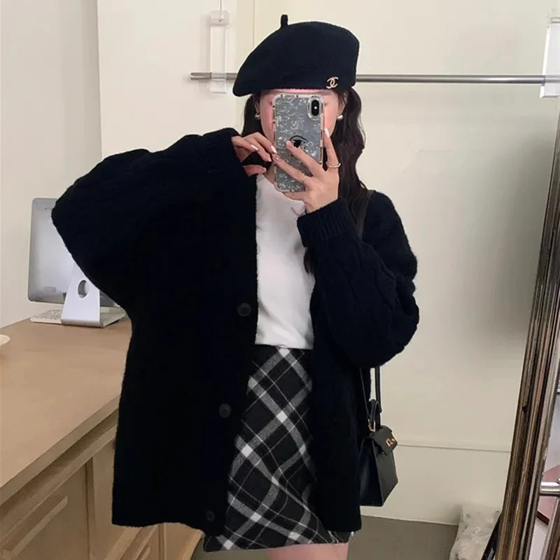 Korean Fashion Female Red Knitted Cardigan Sweater Lazy Wind Loose Cardigans Coat Spring Autumn Casual Thicken Sweater Jacket
