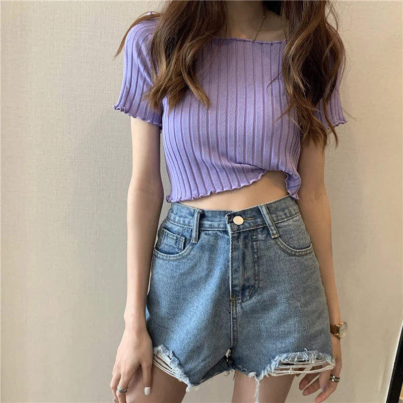 ITOOLIN Women Knitted Ruffles Hem Tops Cute Crop Tops Off Shoulder T-shirts Summer For Women Short Sleeve T-shirts 2023