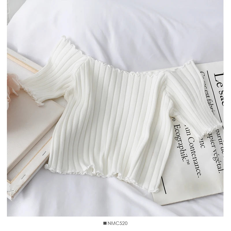 ITOOLIN Women Knitted Ruffles Hem Tops Cute Crop Tops Off Shoulder T-shirts Summer For Women Short Sleeve T-shirts 2023