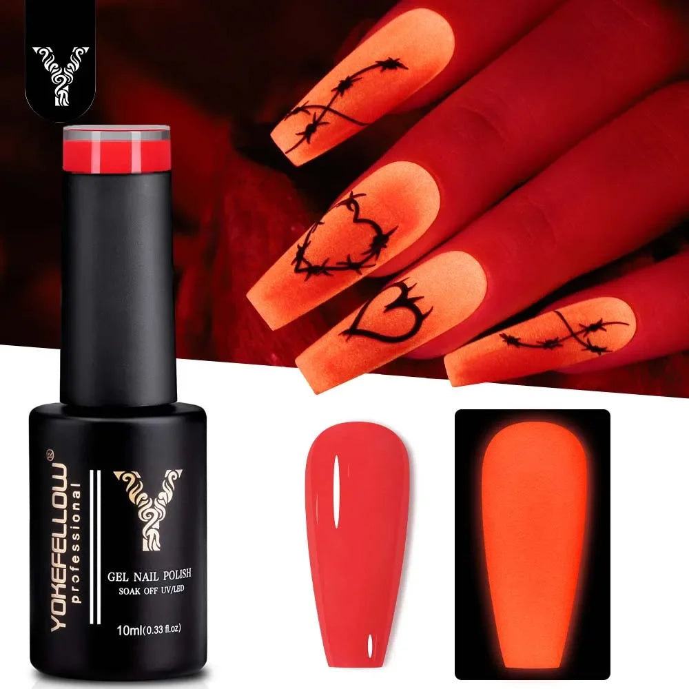 YOKEFELLOW Glow in the Dark Gel Nail Polish 10ML Orange Fluorescent Neon Luminous Gel Polish Nail Art for Halloween Women Girls