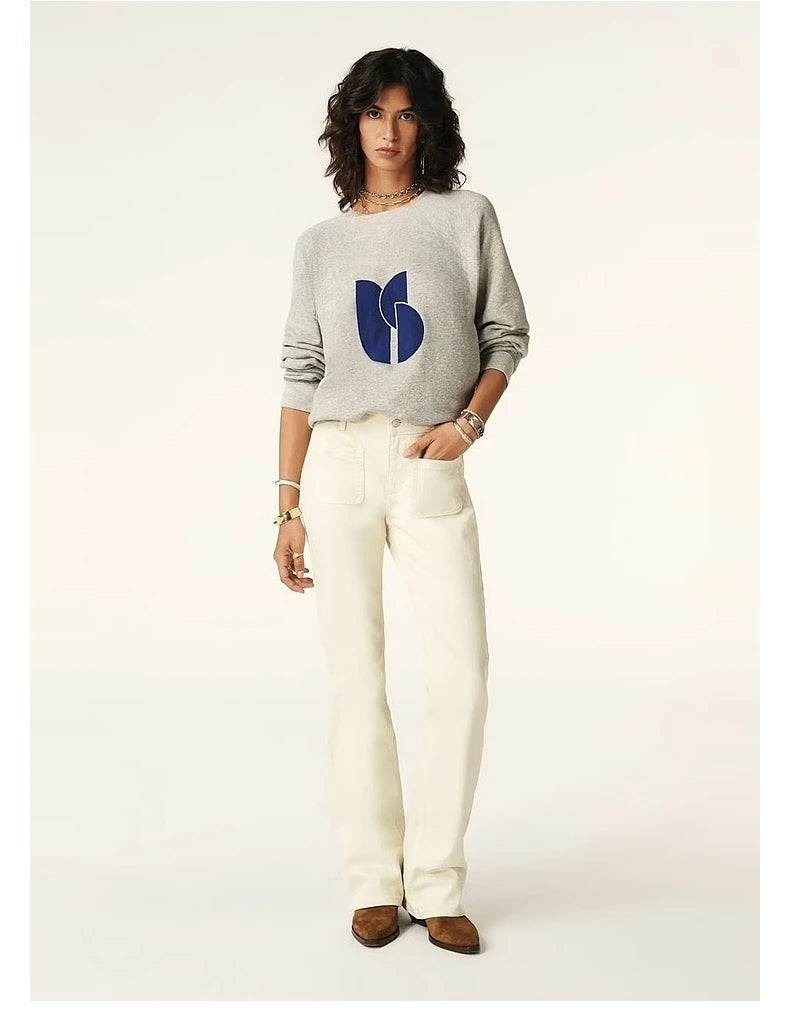 Autumn and Winter Long-sleeved Printed Gray Shoulder-sleeved French Casual Sweater Pirate Seven Treasures