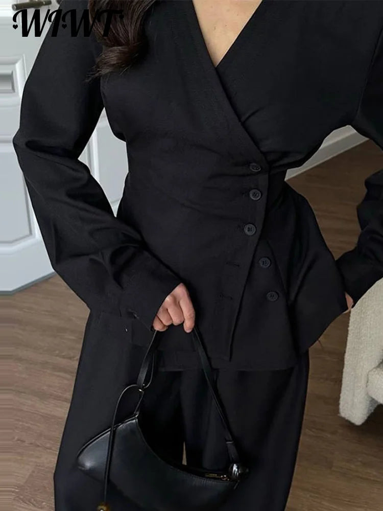 Casual Side Single-breasted Shirt Pants Suit Women Slim Waist-Closed V-neck Full Sleeve Top Wide Leg Trouser 2025 Autumn New Set