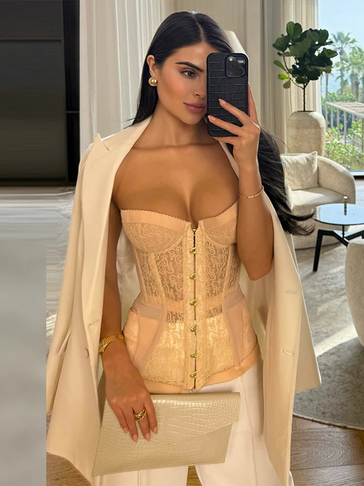 Sexy Lace Hollow Out Vest Women Bandage Slim Waist  Strapless See Through Party tank Top Summer Lady Chic Street Vests