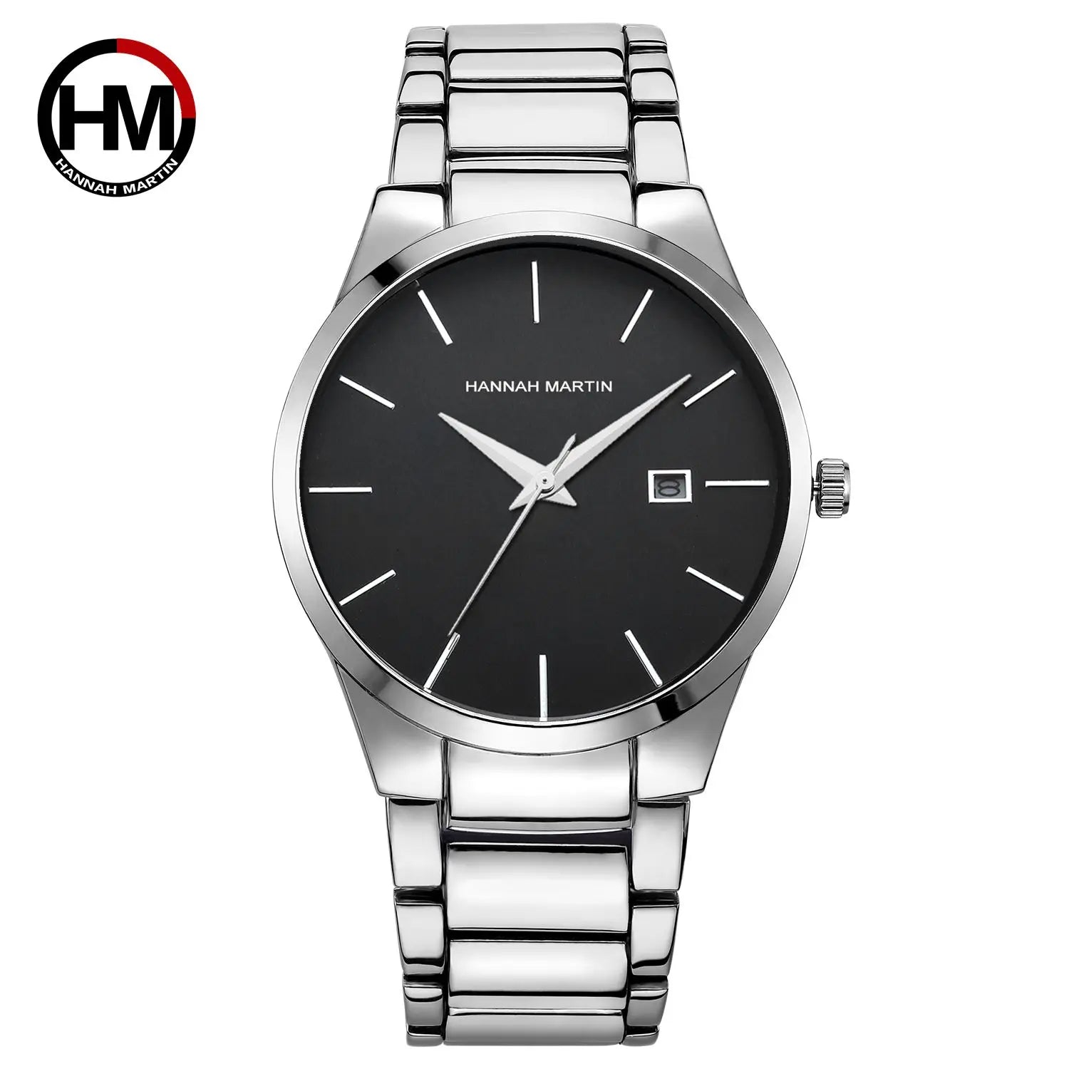 HANNAH MARTIN Men Watch 40mm Stainless Steel Quartz Fashion Business Full Black 3Bar Waterproof Sports Calendar Wristwatch reloj