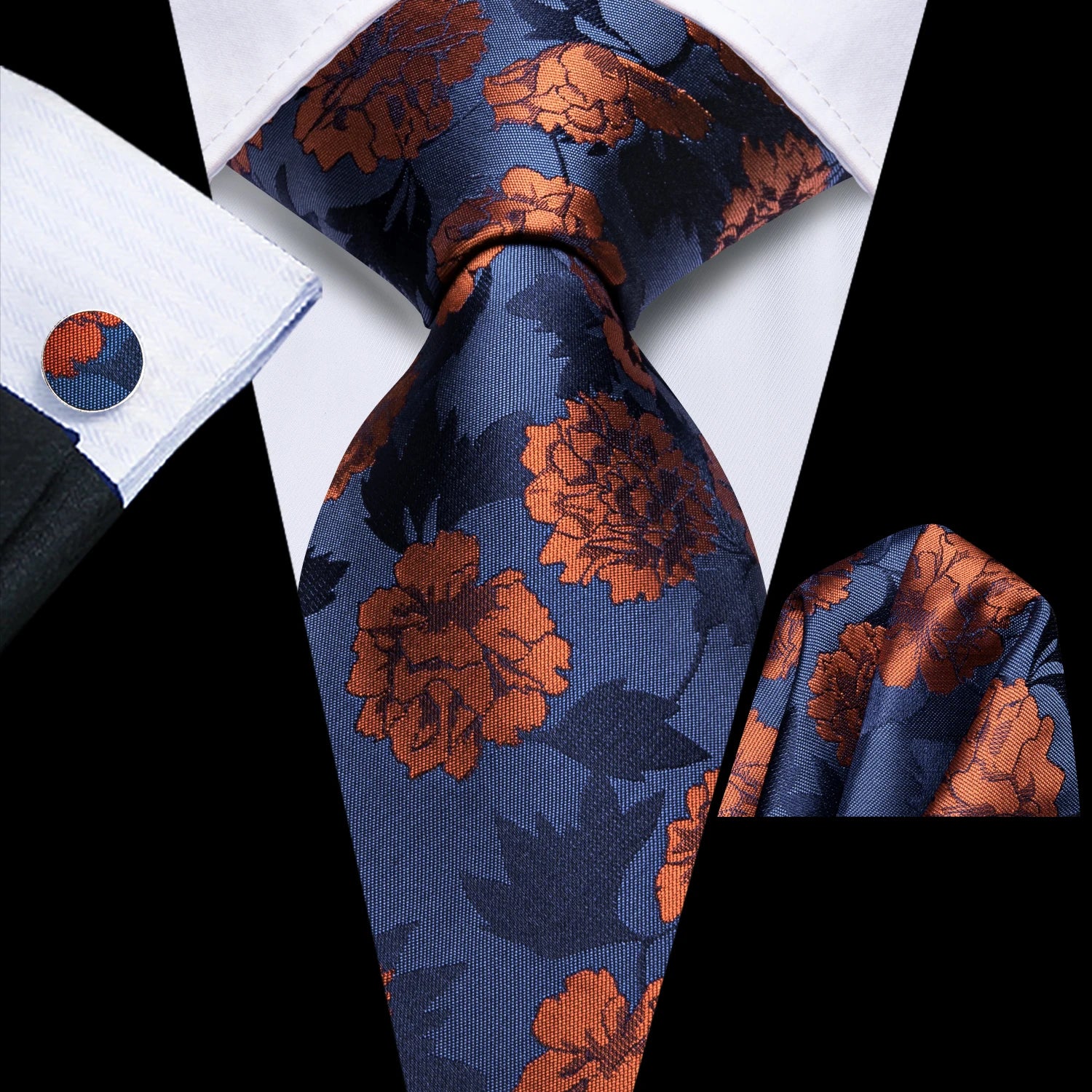 Hi-Tie  Black Blue Orange Floral Mens Fashion Necktie Handkerchief Cufflinks for Tuxedo Classic Tie Man Gift Valentine's Day