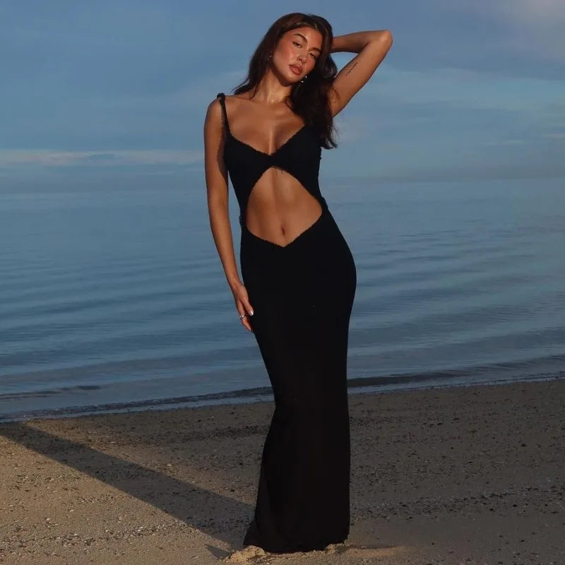 Backless Hollow Out Sexy Party Dress Women Spaghetti Strap 2024 Summer Dress Elegant Maxi Long Slim Bodycon Dresses