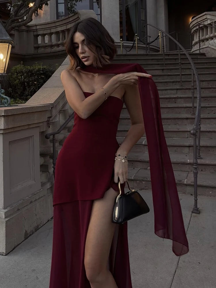 Fashion Strapless Dress With Ribbon Female Elegant Solid Sleeveless Mesh Beach Vacation Long Dress 2025 Spring New Women Dress
