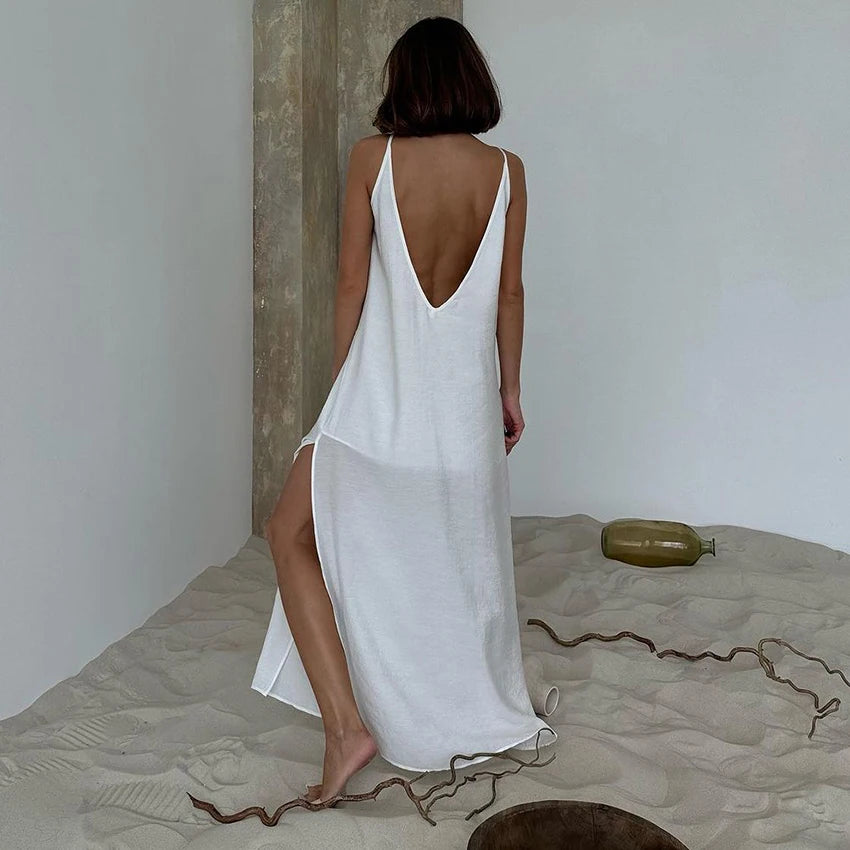 Linad Summer Casual White Long Dress Sexy Loose Backless Split Dresses Woman Street Chic V Neck Straight Dress For Women 2025