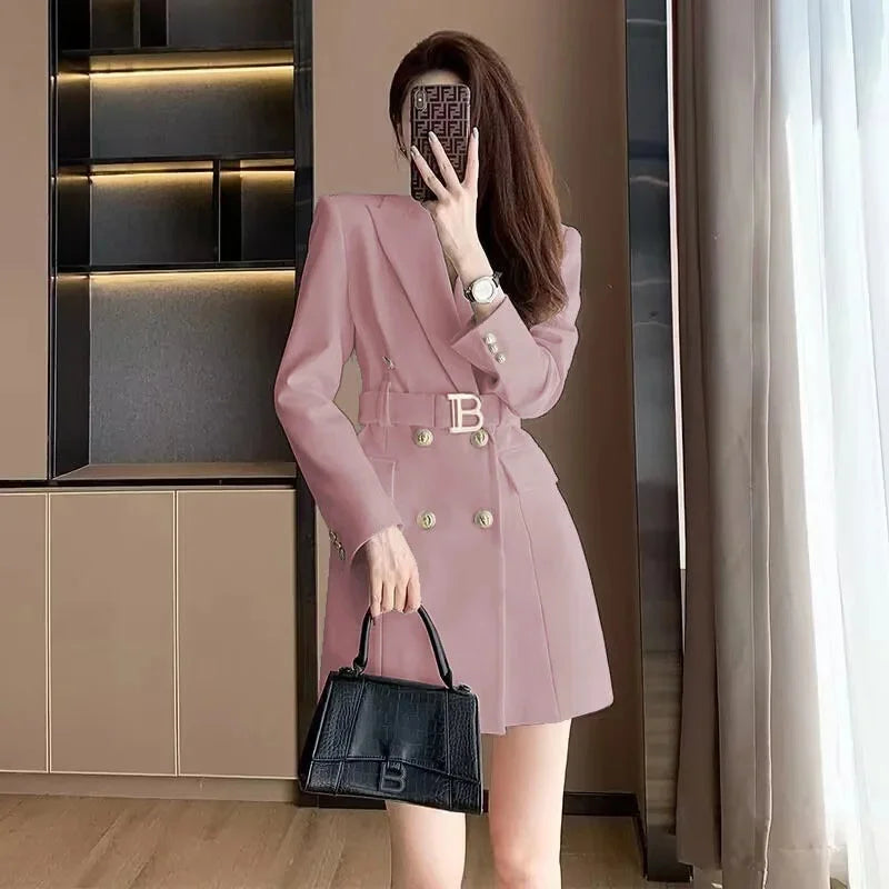 French Elegant Long Sleeve Suit Dress Waist-Cinching Short Size Professional Double-Buttoned Belted Coat for Spring