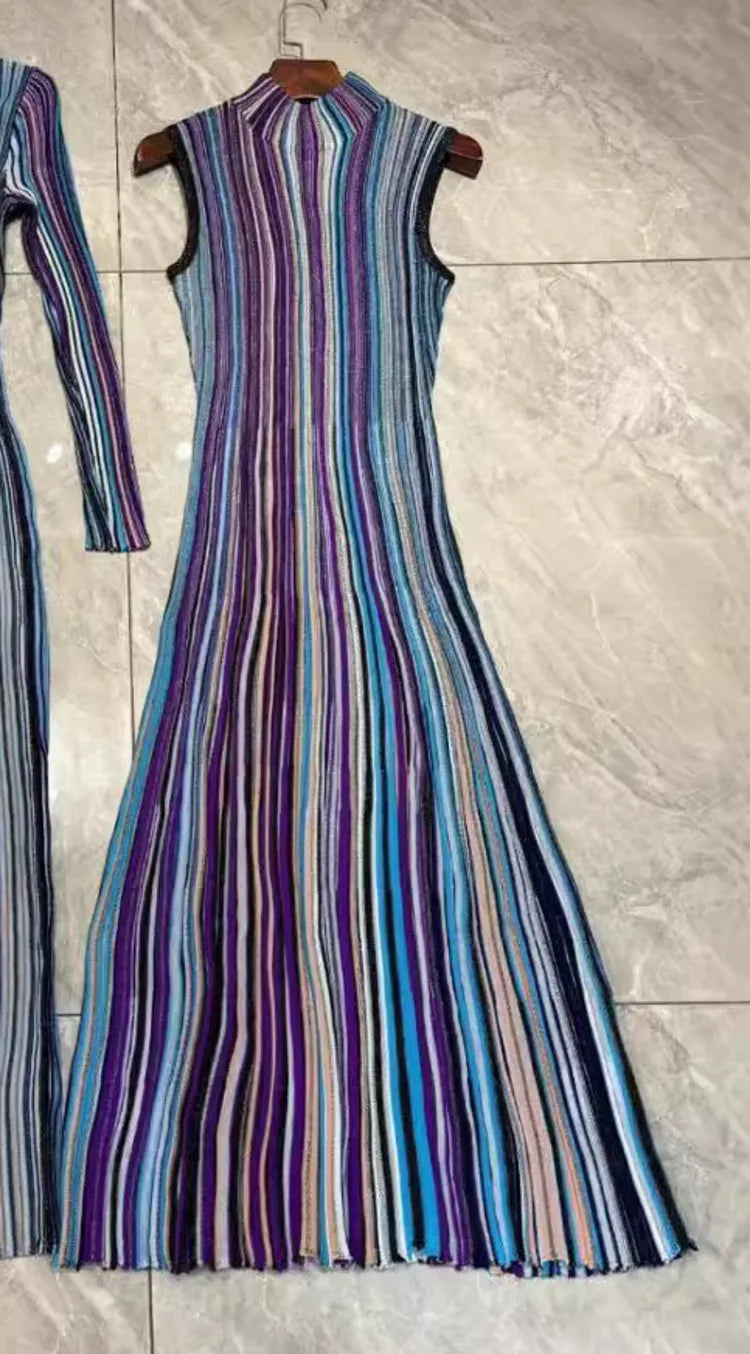 QMQA Fashion Women's Gradient Stripes Design Dresses V Neck High Waist Long Sleeve Elegant Party Dress Female Spring New 1A116
