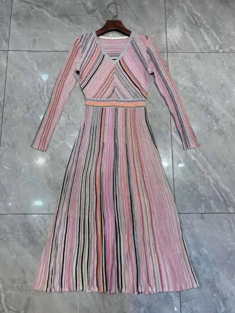 QMQA Fashion Women's Gradient Stripes Design Dresses V Neck High Waist Long Sleeve Elegant Party Dress Female Spring New 1A116