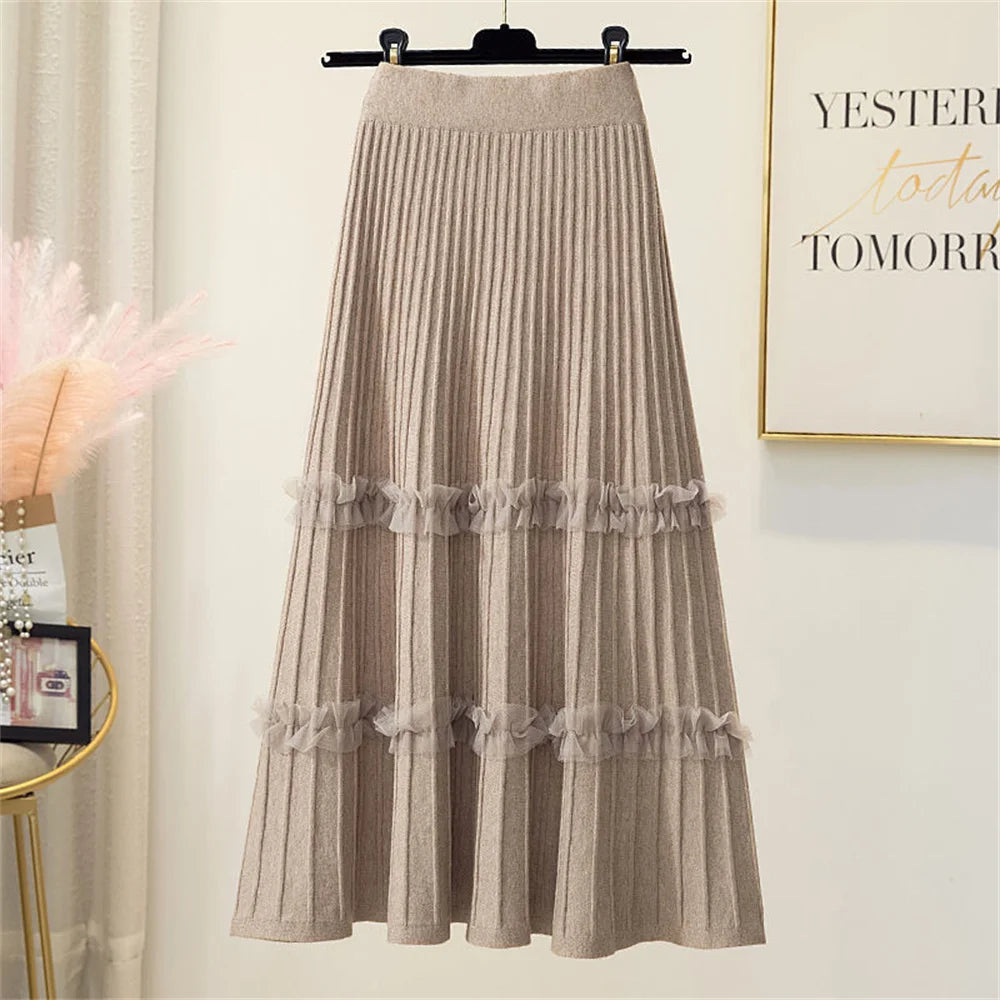 Lace Ruffle Mesh Patchwork Knitted Midi Pleated Skirt Women 2024 Autumn Winter High Waist Umbrella Solid Skirt A-Line Long Skirt