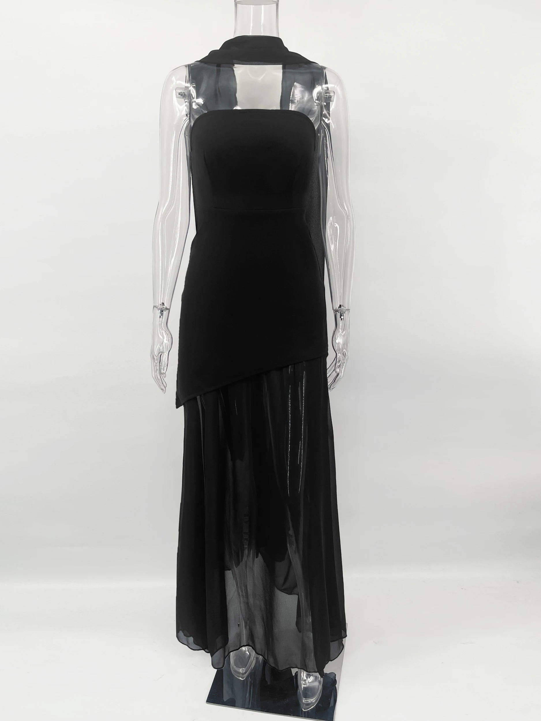 Fashion Strapless Dress With Ribbon Female Elegant Solid Sleeveless Mesh Beach Vacation Long Dress 2025 Spring New Women Dress