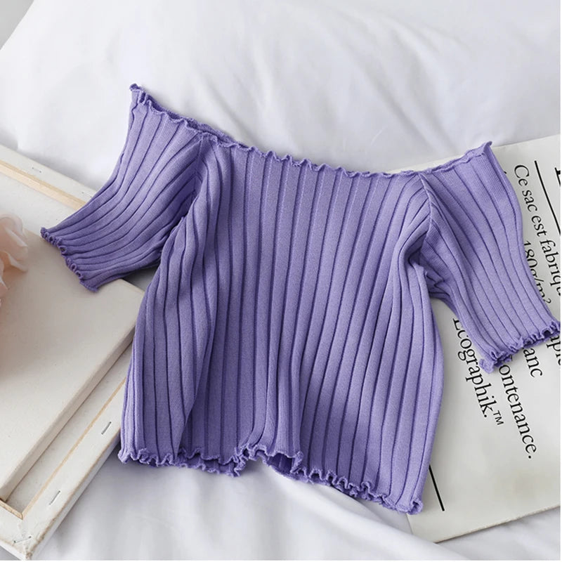 ITOOLIN Women Knitted Ruffles Hem Tops Cute Crop Tops Off Shoulder T-shirts Summer For Women Short Sleeve T-shirts 2023
