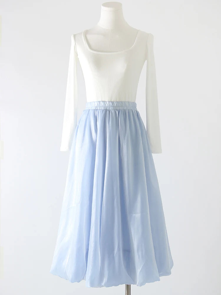 Midi Balloon Skirt Women Luxury Yarn Bright Silk Bubble Skirt For Ladies Spring Summer High Waist Women White Umbrella Skirts