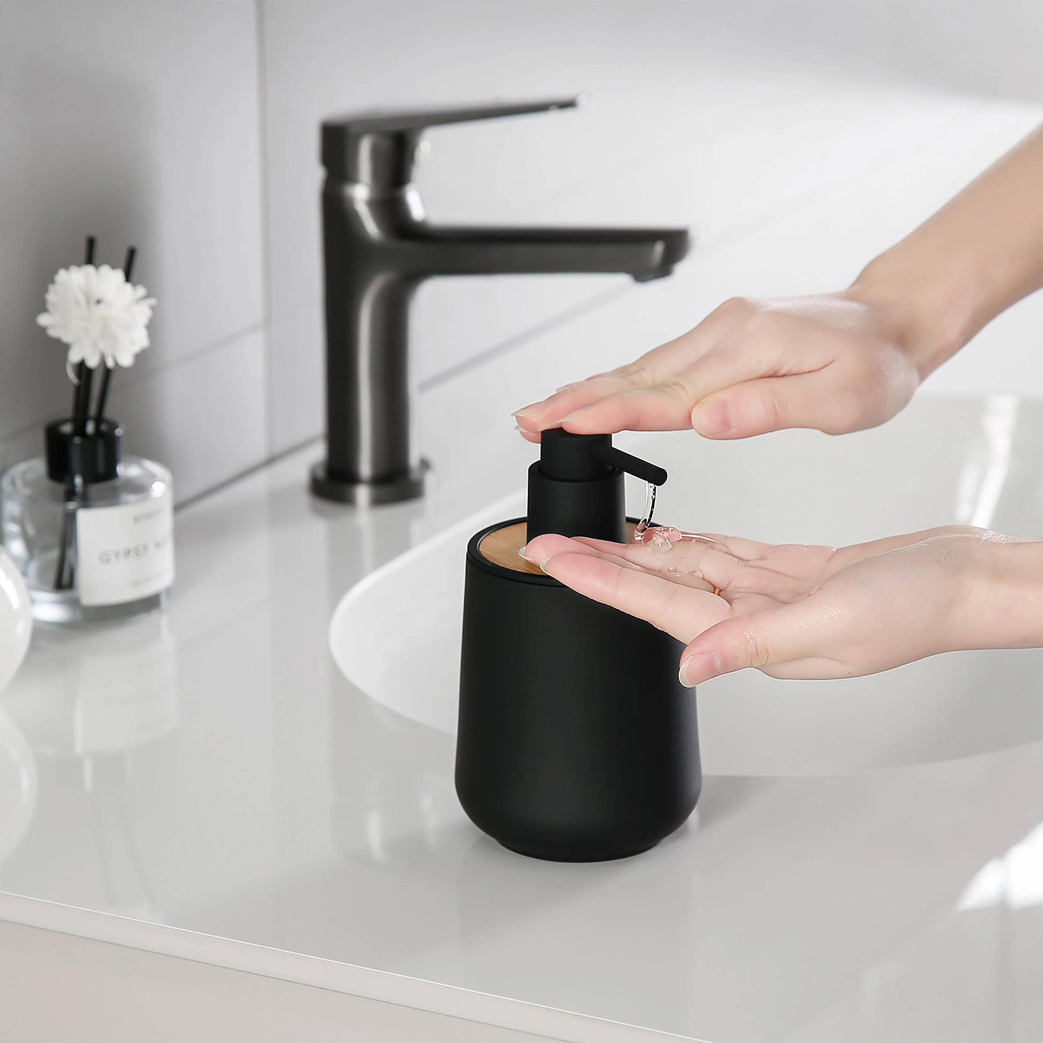 1 Modern Black Round Matte with Bamboo Trim Soap Dispenser For Bathroom Hand Soap and Kitchen Dishwashing Liquid Dispensing