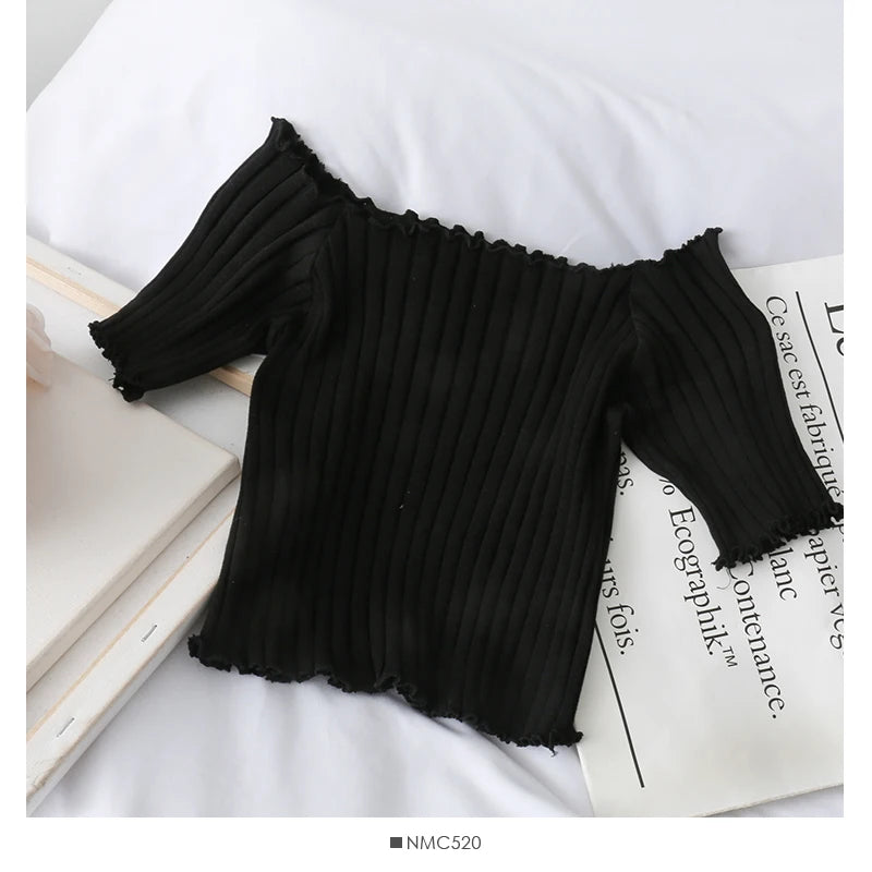 ITOOLIN Women Knitted Ruffles Hem Tops Cute Crop Tops Off Shoulder T-shirts Summer For Women Short Sleeve T-shirts 2023
