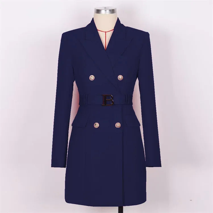 French Elegant Long Sleeve Suit Dress Waist-Cinching Short Size Professional Double-Buttoned Belted Coat for Spring