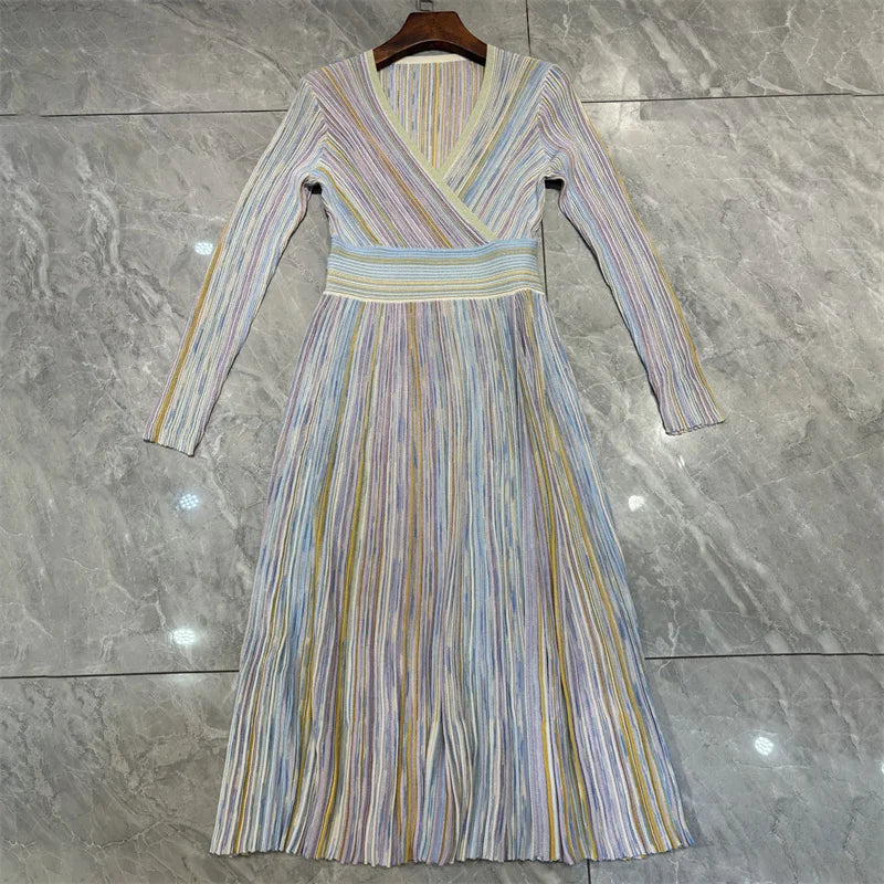 Womens dresses New elastic knitted V-neck long dresses for summer 2025 Waist cinching slim midi dresses striped party dresses