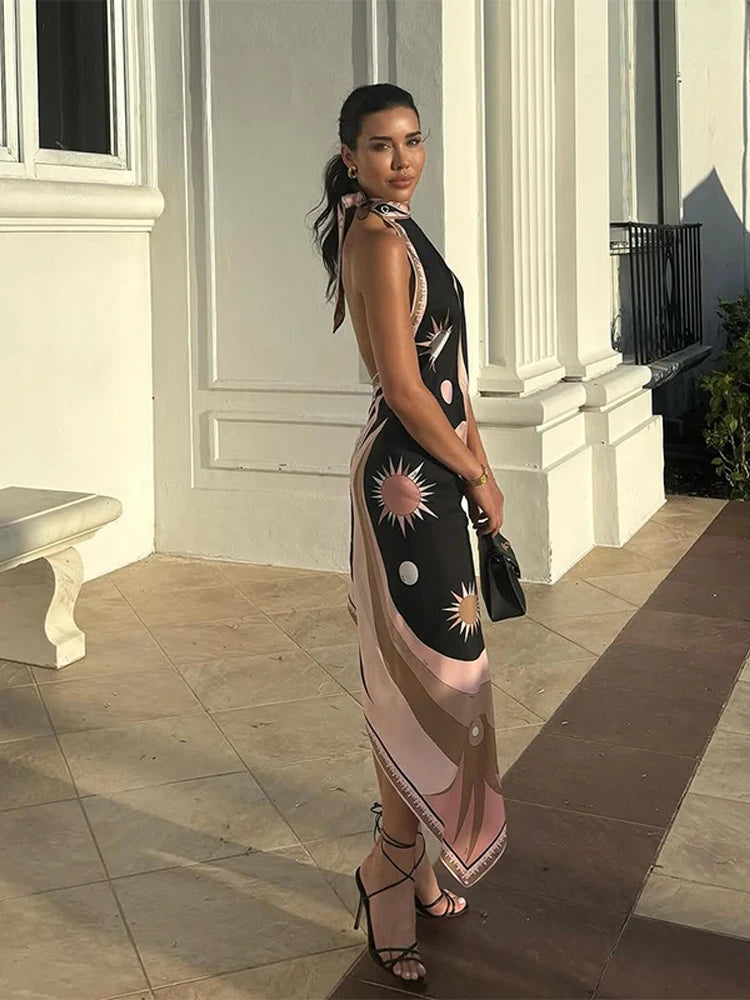 Sexy Backless Print Dress Women Sleevless Halter Irregular Hem Female Party Dresses 2025 Summer Street Lady Ankle-length Robe