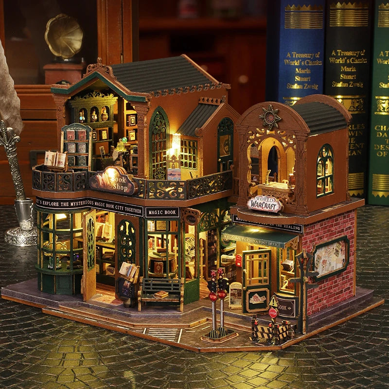 2014 DIY Big Doll House Wooden Miniature Furniture Twilight Bookstore Dollhouse Handmade home Model Assembly Toys Birthday Gifts