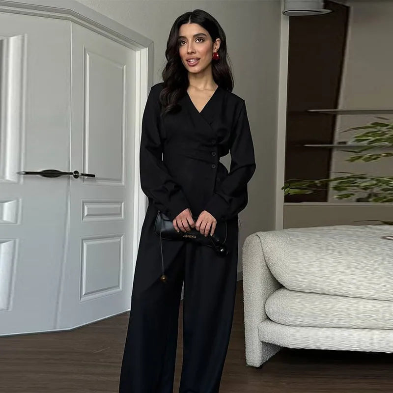 Casual Side Single-breasted Shirt Pants Suit Women Slim Waist-Closed V-neck Full Sleeve Top Wide Leg Trouser 2025 Autumn New Set