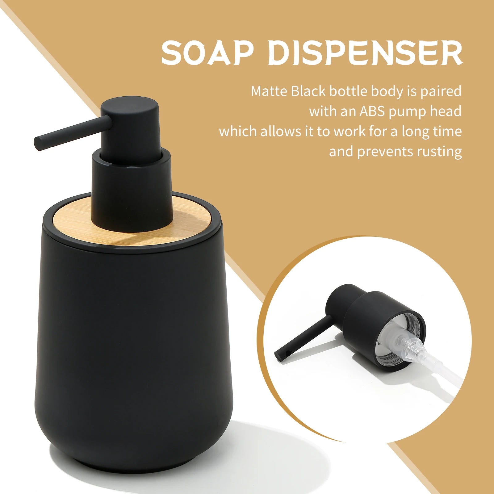1 Modern Black Round Matte with Bamboo Trim Soap Dispenser For Bathroom Hand Soap and Kitchen Dishwashing Liquid Dispensing