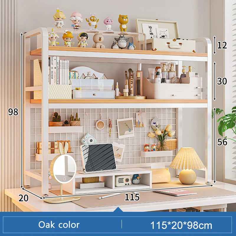 Bookcase With Grid Bookshelf Desktop Multi-layer Wrought Iron Shelf Student Computer Desk Table Hole Board Table Wooden Shelves