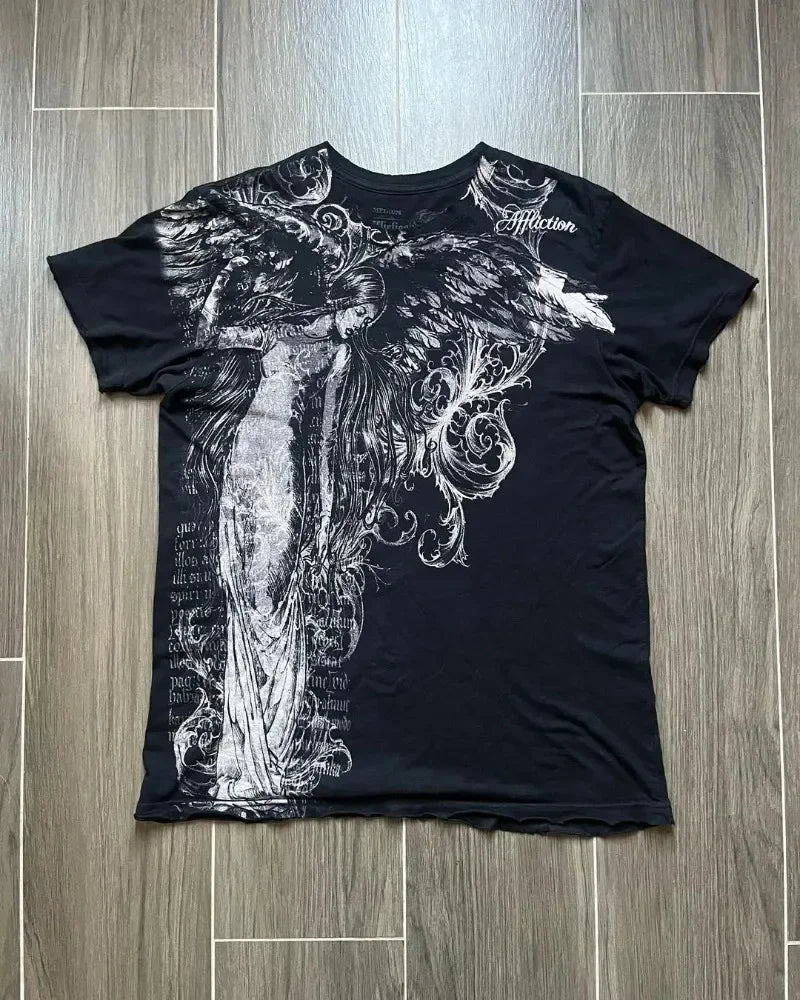 Letter Printed High Street Handsome Long Sleeved Shirt Y2K Men's Oversized T-shirt Retro Gothic Round Neck Cotton Couple Top